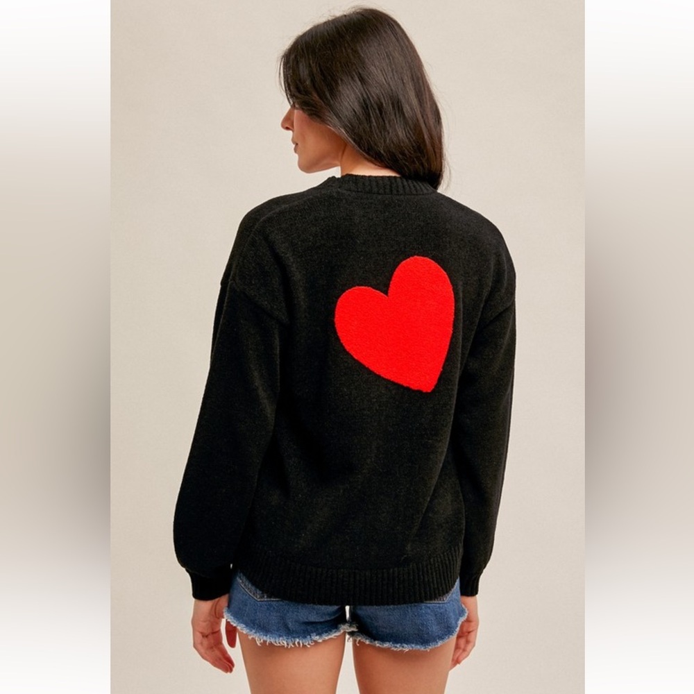 938. ❤️Hem & Thread Cardigan Black Sweater with Red Heart Detail New Item NWT - Picture 6 of 6